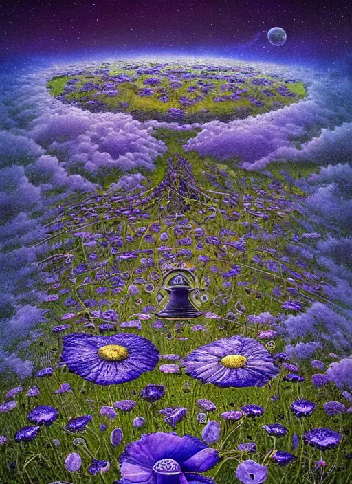 Image similar to detailed, intricate blue black and purple papaverum flower on the field, nebula, galaxy in the sky, winning award masterpiece, fantastically beautiful, illustration, aestheticly inspired, jacek yerka, upscale with anguissola sofonisba work, artstation, 8 k