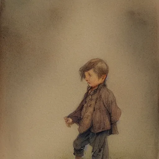 Image similar to portrait of a child standing and facing front looking strait ahead a muted color watercolor sketch of story book character ifrom the book Baltimore & Redingote by Jean-Baptiste Monge of an old man in the style of by Jean-Baptiste Monge that looks like its by Jean-Baptiste Monge and refencing Jean-Baptiste Monge