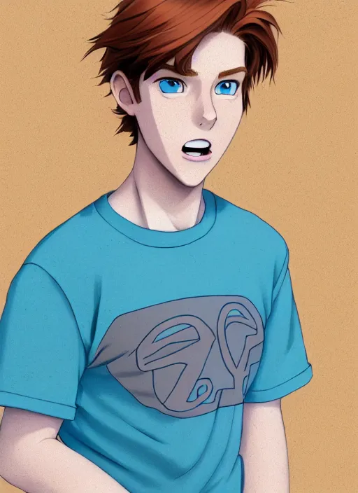 Image similar to portrait of a teen boy with completely straight auburn hair, light blue eyes, pale skin, freckles, sad expression, t - shirt, modern casual clothing, natural lighting, path traced, highly detailed, high quality, cartoon, digital painting, by don bluth and ross tran and studio ghibli