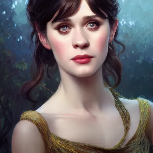 Image similar to ultra realistic illustration, zooey deschanel, intricate, elegant, highly detailed, digital painting, artstation, concept art, smooth, sharp focus, illustration, art by artgerm and greg rutkowski and alphonse mucha and wlop