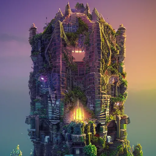 Prompt: ultra detailed illustration of a fantasy tower by beeple, Ware Chris and Hasui Kawase, 8k resolution, diorama, isometric, trending on artstation