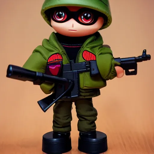 Image similar to magic mushroom wearing large puffer jacket and ak 4 7, nendroid, butcher billy style