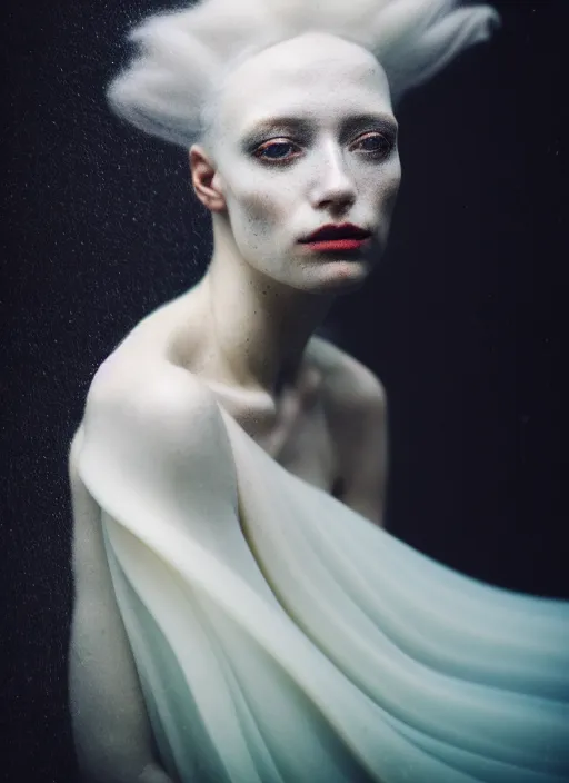 Image similar to cinestill 5 0 d photo portrait of a beautiful hybrid with woman face in style of paolo roversi by roberto ferri, weird marble body, white hair floating in air, 1 5 0 mm lens, f 1. 2, ethereal, emotionally evoking, head in focus, bokeh, volumetric lighting, matt colors outdoor