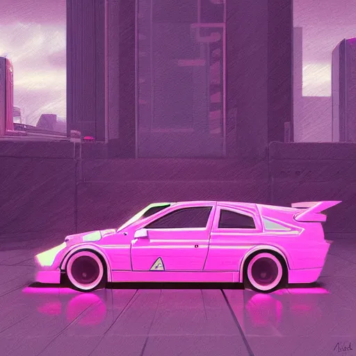 Prompt: drawing of a car with a pink background, cyberpunk art by adam pijnacker, trending on artstation, panfuturism, anime aesthetic, art on instagram, futuristic