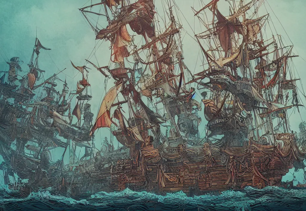 Image similar to handmade illustration of a pirate ship, line art!!, ink, watercolor by Kilian Eng and by Jake Parker, winning-award masterpiece, fantastic, octane render, 8K HD Resolution, High quality image