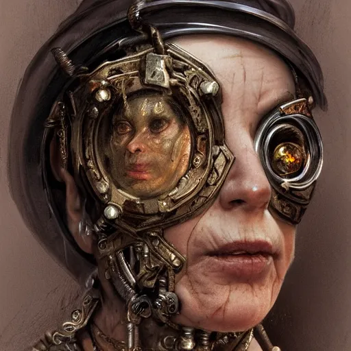 Image similar to portrait, headshot, digital painting, of a old 17th century, old cyborg female merchant, amber jewels, baroque, ornate clothing, scifi, realistic, hyperdetailed, chiaroscuro, concept art, art by Franz Hals and Jon Foster