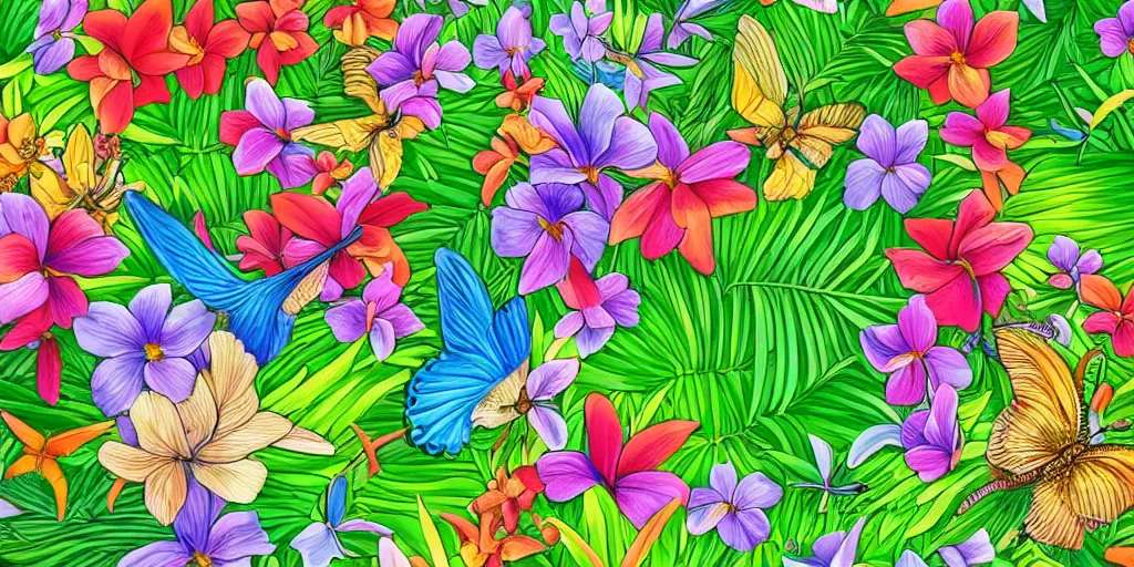 Prompt: Many colorful flowers with butterflies, hummingbirds and bees in a backyard tropical garden cartoonish drawing, UHD, 4K, HDR, Gorgeous beautiful finely detailed, trending on artstation.