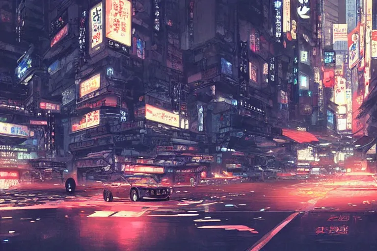 Prompt: akira cyberpunk toyota chaser speeding through tokyo at night by greg rutkowski makoto shinkai takashi takeuchi studio ghibli, akihiko yoshida