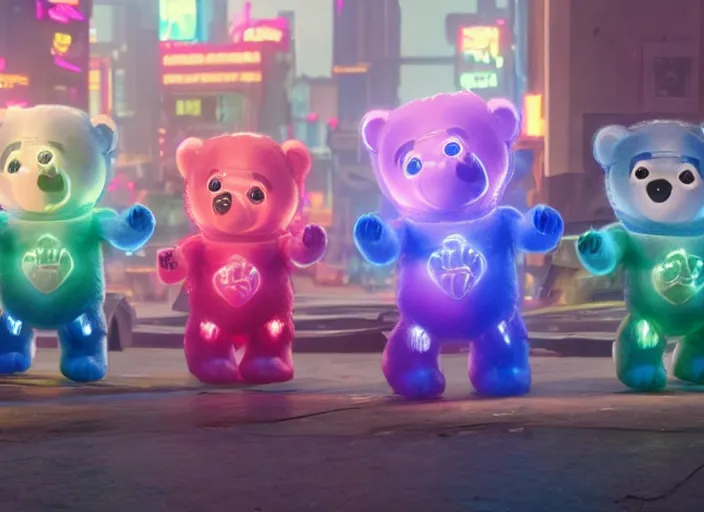 Image similar to film still of cyberpunk care bears in new sci - fi movie, 4 k