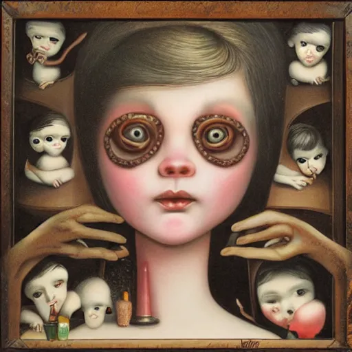 Image similar to the blacksmits’ daughter, working in the forge, lowbrow in the style of Mark Ryden,