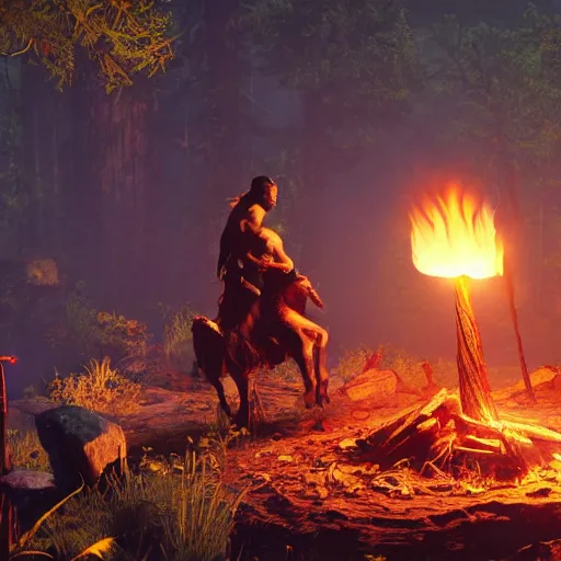 Prompt: spartan high on peyote at jungle campfire below full moon in the style of far cry primal, 8 k