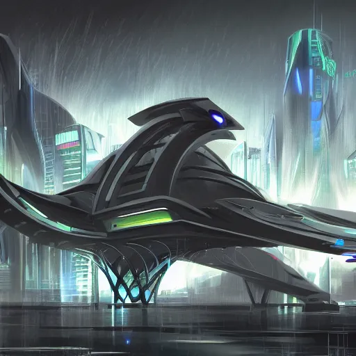 Prompt: Wild concept art for a futuristic spaceship in a cyber city during a storm