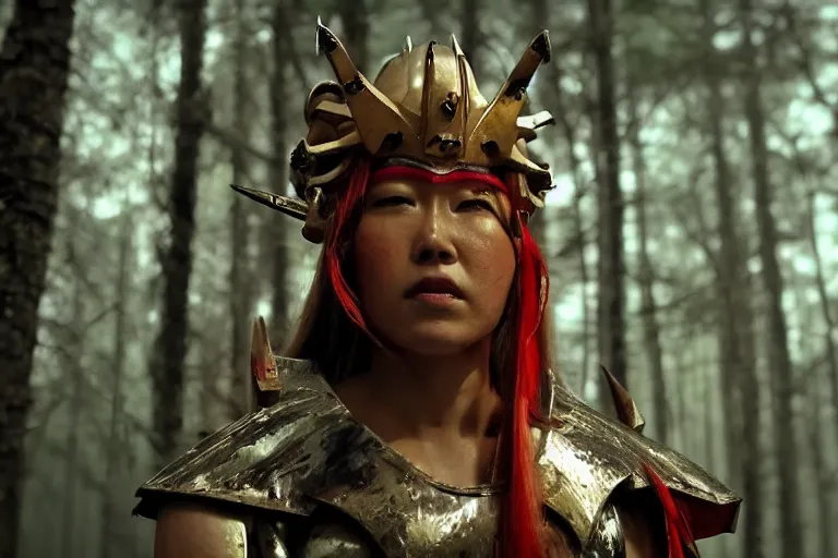 Image similar to vfx movie scene closeup nomad cyborg warrior viking geisha in a smoldering forest. by emmanuel lubezki