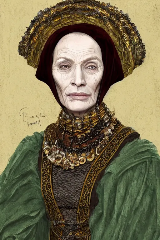 Prompt: portrait, headshot, digital painting, of a 15th century, Elizabeth Queen of Scots,beautiful, old aged, middle eastern, wrinkles, wicked, desert merchant man, dark hair, amber jewels, baroque, ornate dark green clothing, scifi, futuristic, realistic, hyperdetailed, concept art, chiaroscuro, side lighting, art by waterhouse