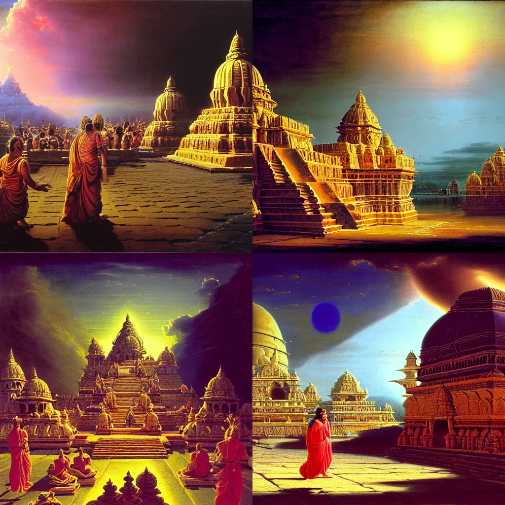 Prompt: the epic scene from Hindu heaven in Ayodhya from Ramayan, by Canaletto, By Salvador Dali, by Bruce Pennington, by Ambrosius Benson, by Paul Lehr, masterpiece, oil on canvas, trending on artstation, top on pixiv, cinematic composition, dramatic scene, beautiful lighting, sharp, high details, astrophotography, no frames, 8K