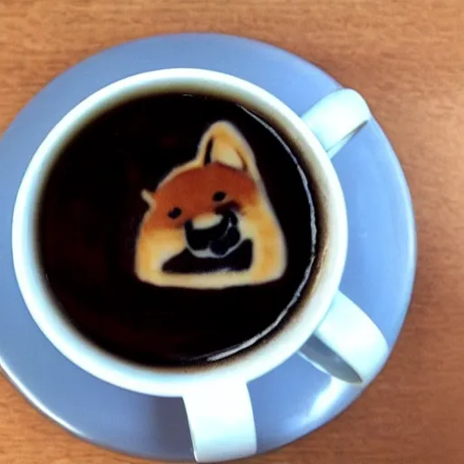 Prompt: A photo of a cup of coffee with latte art in the shape of a Shiba Inu