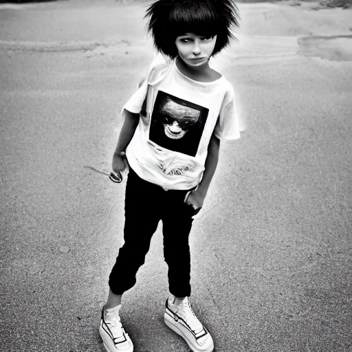 Image similar to the face of punk rock alien boy at 5 years old wearing balenciaga clothing, black and white portrait by julia cameron, chiaroscuro lighting, shallow depth of field, 8 0 mm, f 1. 8