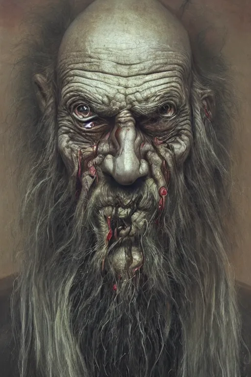 Prompt: askii art, hyperrealism oil painting, close - up portrait of a scary old man with a thousand eyes and mandibles, in style of baroque zdzislaw beksinski