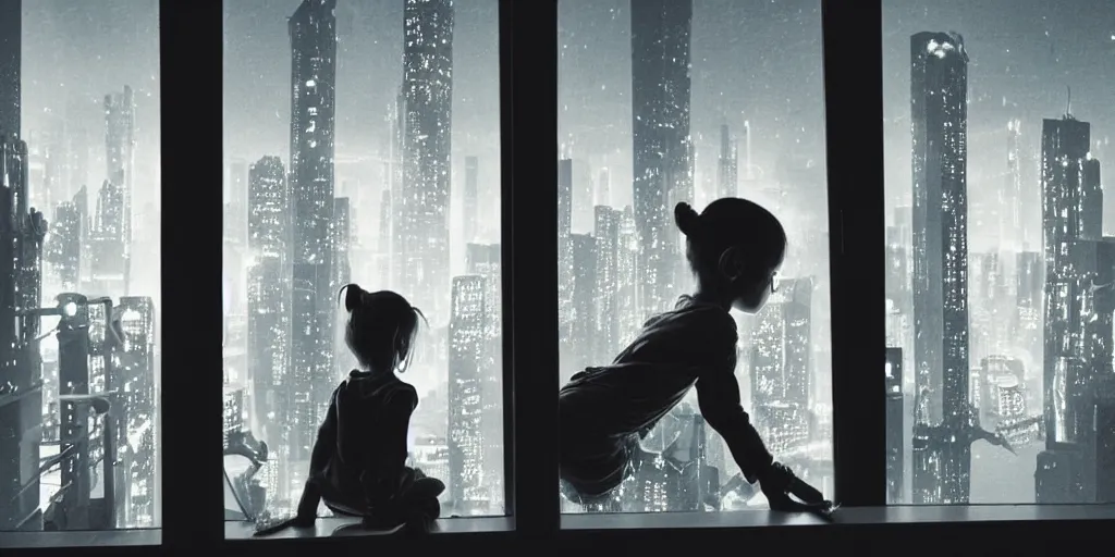 Prompt: overlooking on night city cyberpunk from floor to ceiling window, little girl, beautiful hair at the back, looking out the window, liminal, cinematic, dreamscape