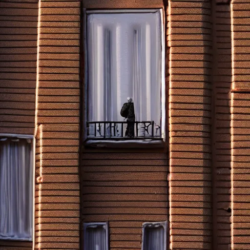 Image similar to figurine of small soviet apartment building, light is on windows