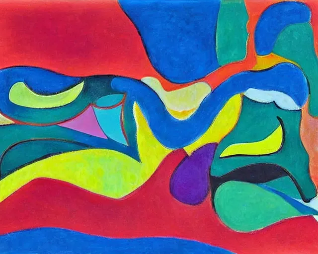 Image similar to A wild, insane, modernist landscape painting. Wild energy patterns rippling in all directions. Curves, organic, zig-zags. Saturated color. Childrens art. Matisse.