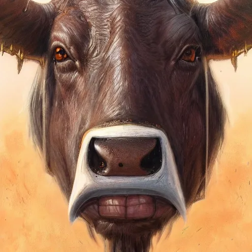 Prompt: cow as a realistic fantasy knight, closeup portrait art by donato giancola and greg rutkowski, realistic face, digital art, trending on artstation, symmetry!!