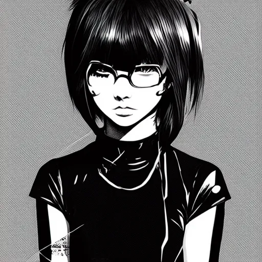 Image similar to an ink drawing of a tech punk girl by ilya kuvshinov, black and white