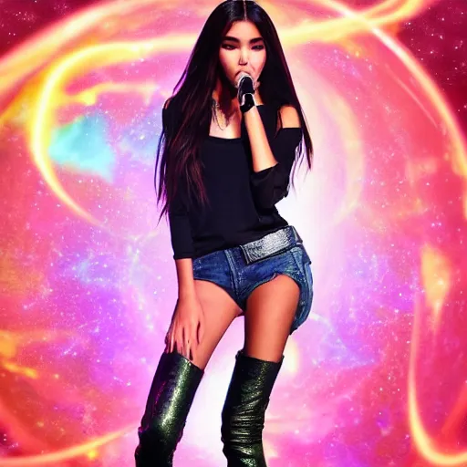 Image similar to madison beer a an intergalactic popstar dancing on a planet, render, blender render, unity render, 4 k wallpaper, art station trending, artstation 4 k coherent, coherent, 4 k, detailed, hyperdetailed, artifact - free, completely coherent, sharp, madison beer