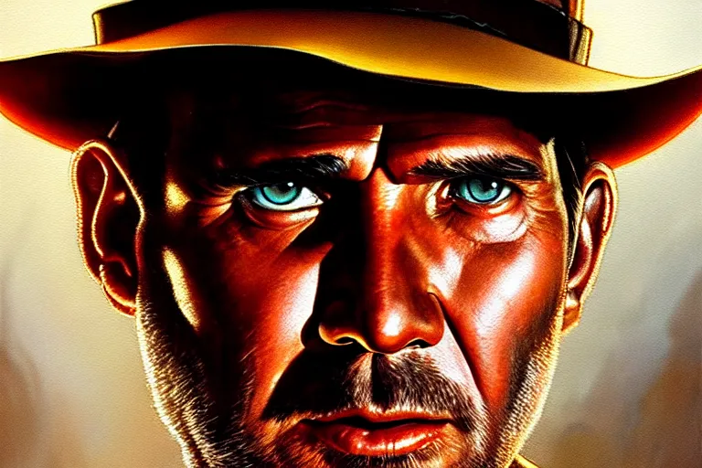 Image similar to hyperrealistic mixed media painting of Indiana Jones, perfect facial symmetry, dim volumetric lighting, 8k octane beautifully detailed render, post-processing, portrait, extremely hyper-detailed, intricate, epic composition, realistic eyes, cinematic lighting, masterpiece, trending on artstation, stunning, art by P. Craig Russell and Barry Windsor-Smith