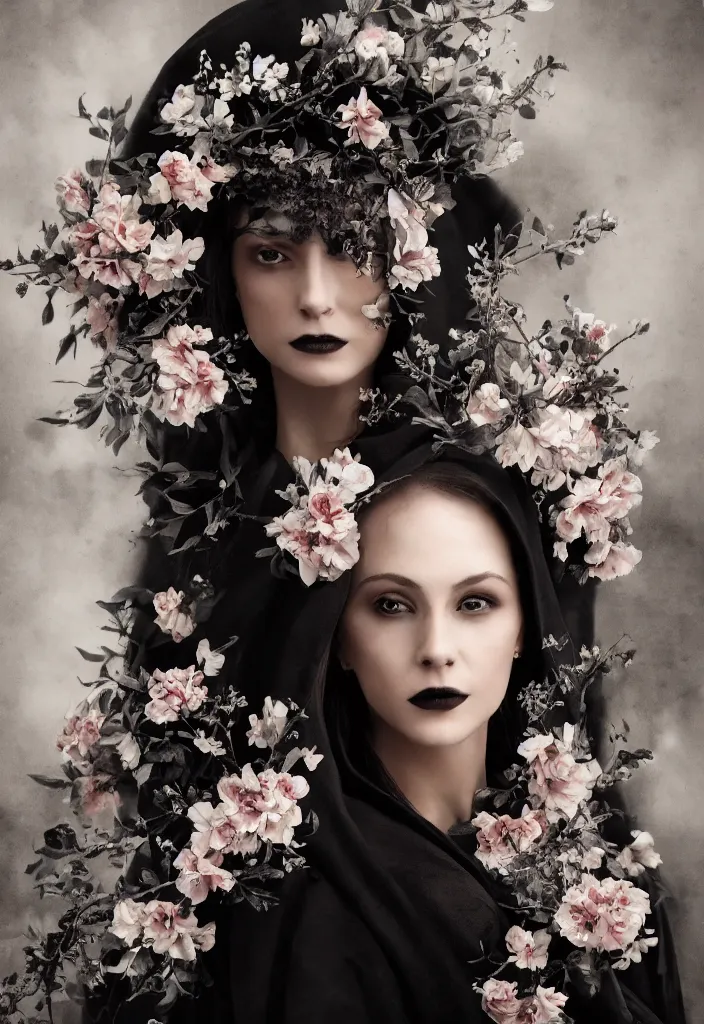 Image similar to a portrait of a beautiful woman wearing a black cloak with flowers and skulls in a romantic style, extremely realistic and highly detailed 8 k, sharp focus, octane render, dramatic volumetric lighting and extremely realistic faces