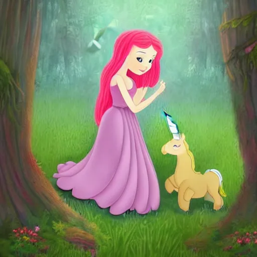 Image similar to girl hugging unicorn in forest, fantasy, illustration style of disney animation