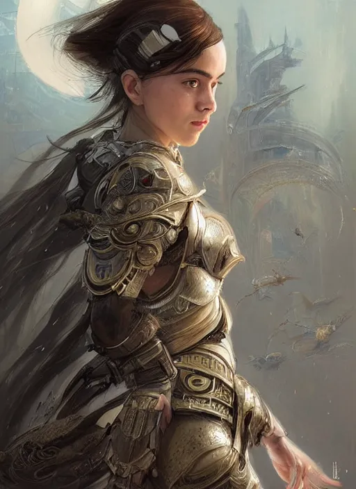 Image similar to a professional portrait of a beautiful young female, clothed in ethereal battle armor, olive skin, long dark hair, beautiful bone structure, symmetrical facial features, intricate, elegant, digital painting, concept art, smooth, sharp focus, finely detailed, illustration, from Valerian and the City of a Thousand Planets, in the style of Ruan Jia and Mandy Jurgens and Artgerm and Greg Rutkowski and William-Adolphe Bouguerea