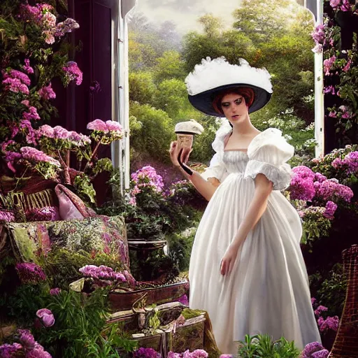 Prompt: full body fashion model emma watson smokey eyes makeup eye shadow fantasy, glow, shimmer as victorian woman in a long white frilly lace dress and a large white hat having tea in a sunroom filled with flowers, roses and lush fern flowers ,intricate, night, highly detailed, dramatic lighting , high quality by Hasui Kawase by Richard Schmid