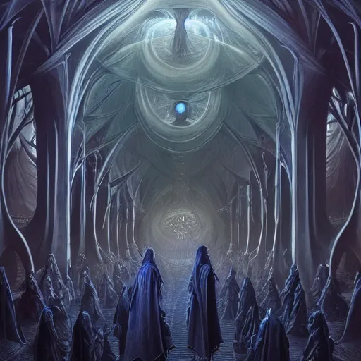 Prompt: a dark cabal of multiple hooded elven mystics in long robes gathered in a circular formation around a quantum computer, advanced technology, dan seagrave, michael whelan art, beautifully detailed epic scifi art, symmetrical, cgsociety, artstation