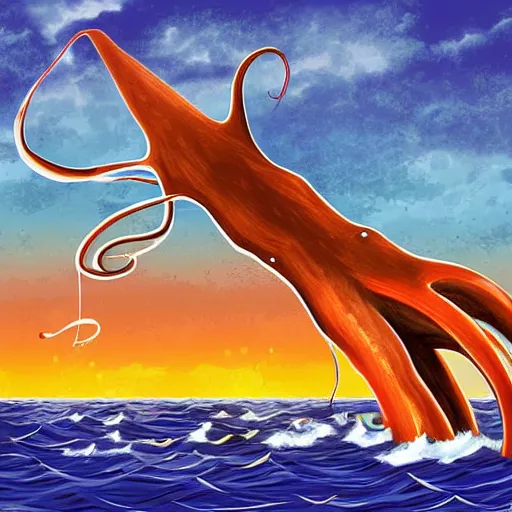 Image similar to A giant squid destroying a cruise ship in the middle of the ocean, digital art