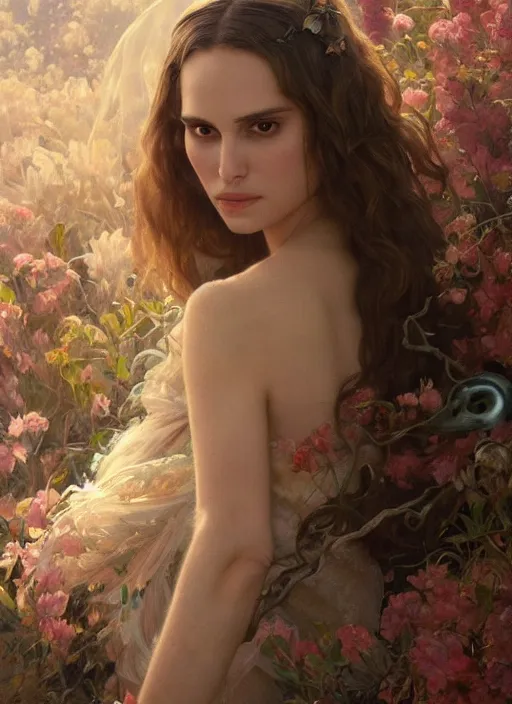 Image similar to music video screenshot of natalie portman, unreal, fantasy, intricate, elegant, dramatic, highly detailed, photorealistic, digital painting, painterly, artstation, concept art, smooth, sharp focus, art by John Collier and Krenz Cushart and Artem Demura and Alphonse Mucha and Albert Aublet