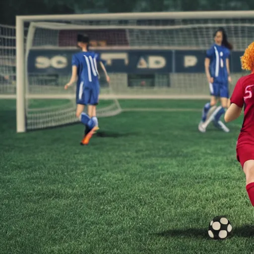 Prompt: Christina Hendricks as soccer player scoring goal, realistic, 4k,