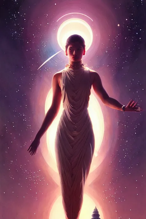 Image similar to space, temple, buddhism, futurism, painting by greg rutkowski, j. c. leyendecker, artgerm