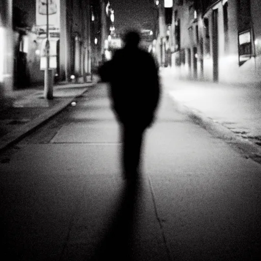 Image similar to an abstract photograph of a lonely male shadowy figure, there is a dark street with lanterns reflected on the ground, everything is underwater, motion blur, 35 mm, black-and-white