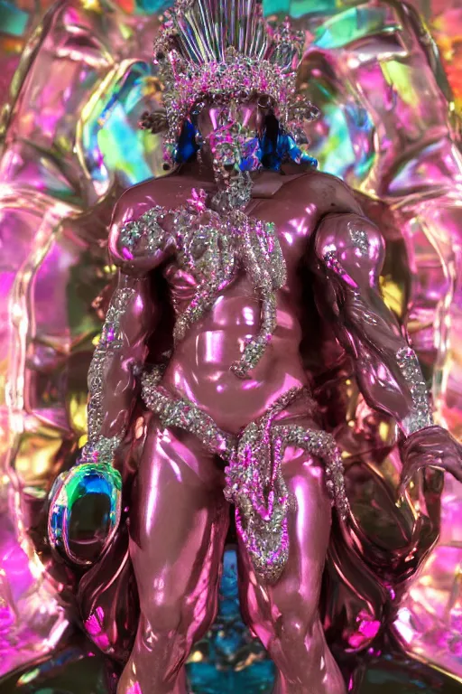 Image similar to hyper detailed ultra sharp fullbody photo of baroque and cyberpunk transparent pink gem sculpture of a muscular seductive muscular italian guido feeling muy cachondo, muy dotado, iridescent humanoid deity wearing pink plastic seethrough cloak, holding a rainbow tiger gem, blue diamond, glowing pink face, crown of white diamonds, cinematic lighting, photorealistic, octane render 8 k