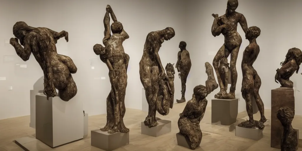 Prompt: a beautiful set of sculptures in an art museum