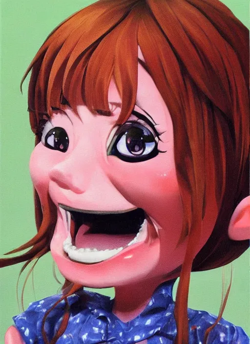 Image similar to a hyperrealistic oil painting of a kawaii anime girl figurine caricature with a big dumb grin featured on nickelodeon by dave mckean