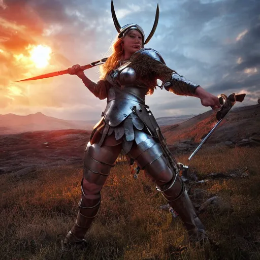 Prompt: A valkyrie clad in armor; pointing her spear in the sky, 4k resolution, sunlight, norse, photorealistic detail, battlefield, destruction,