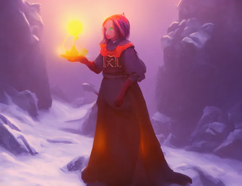 Prompt: crow alchemist girl in the flowering snowy mountains. complementary colors, indie concept art, luminescent, 4 k, chiaroscuro, rimlight.