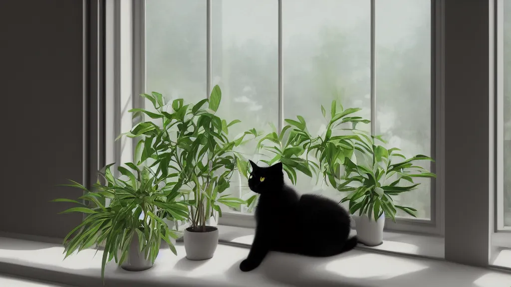 Prompt: peaceful dreamy painting of a content black cat sitting by a window and looking outside, sunshine coming through the window, small plants on the window sill, 8k, hyper realism, trending on artstation, octane render, digital art