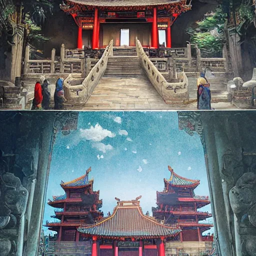 Prompt: a grand ancient chinese temple in the middle of an ancient city, sacredness, cinematic, concept art, smooth, sharp focus, illustration, art by dylan cole and greg rutkowski and alphonse mucha
