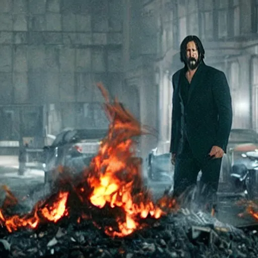 Image similar to cinematic still of John Wick burning a pile of CDs in John Wick (2009). shallow depth of field, cinematic