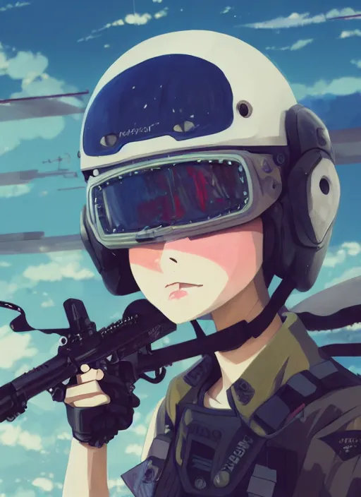 Image similar to a speedqb player girl, hangar roof background, paintball arena landscape, illustration, concept art, anime key visual, trending pixiv fanbox, by wlop and greg rutkowski and makoto shinkai and studio ghibli and kyoto animation, symmetrical facial features, paintball goggles mask, colorful airsoft gun, hockey clothing, military carrier rig, realistic anatom