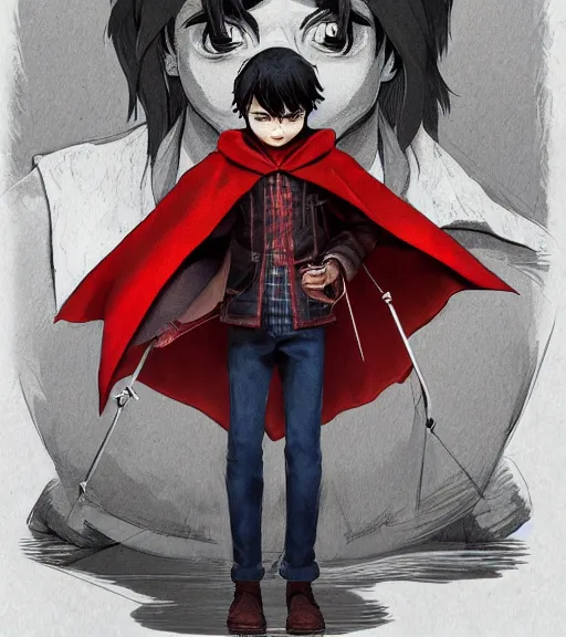 Image similar to attractive little boy character inspired in little red riding hood and michael jackson, digital artwork made by akihiko yoshida and makoto shinkai, anatomically correct, symmetrical, highly detailed, sharp focus, extremely coherent