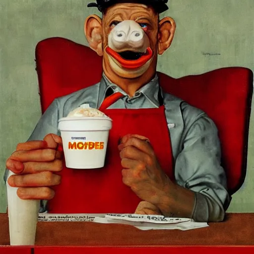 Image similar to pepe working at mcdonalds by norman rockwell